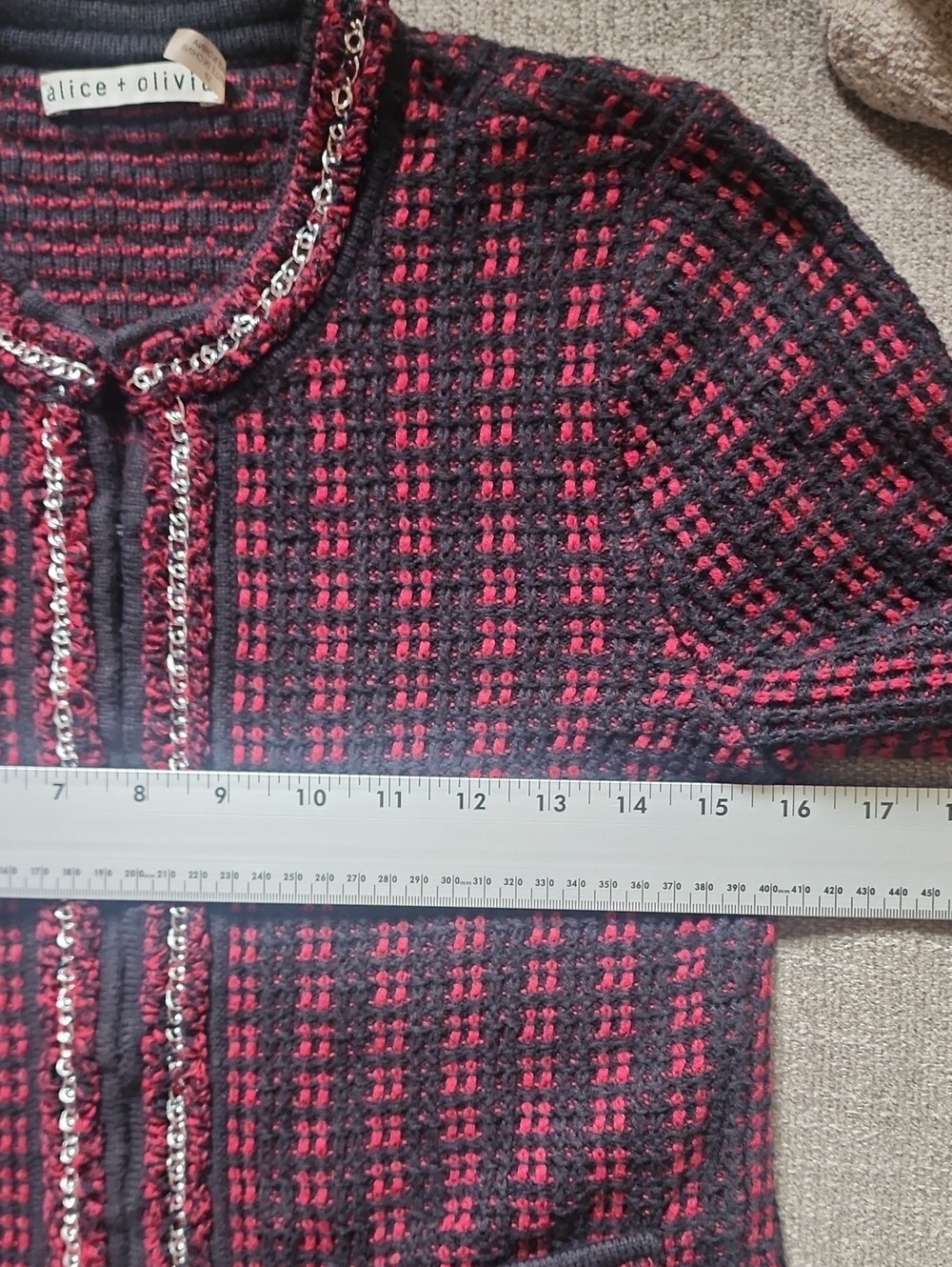 Alice + Olivia Tweed Knit Jacket Burgundy Black Fringe Trim Open Front Blazer - Picture 10 of 12